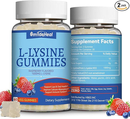2 Pack L-Lysine 1000mg Gummies, Chewable Lysine Supplement for Adults, Immune Support, Collagen Formation Support, Vegan, Gluten Free - 120 Counts