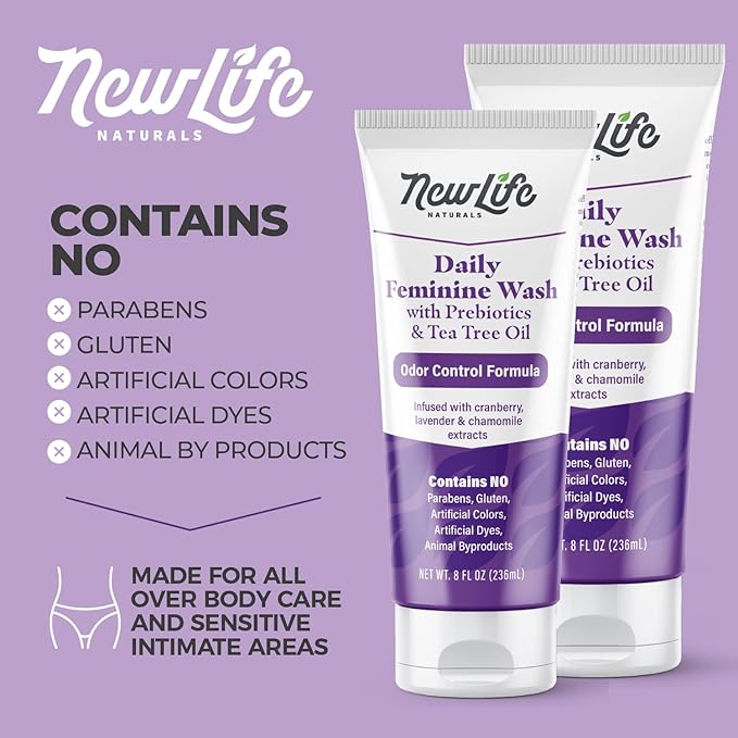 NewLife Naturals Daily Feminine Wash for pH Balance and Odor Control for Feminine Hygiene Intimate Wash for Women - With Prebiotics and Tea Tree Oil - Paraben Free - USA 8oz
