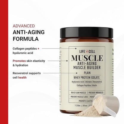 LifeCell Whey Protein – Anti-Aging Muscle Builder with Shiitake Mushroom, Collagen & Hyaluronic Acid – Plain, No Sugar Added, Soy-Free, Gluten-Free, 550g