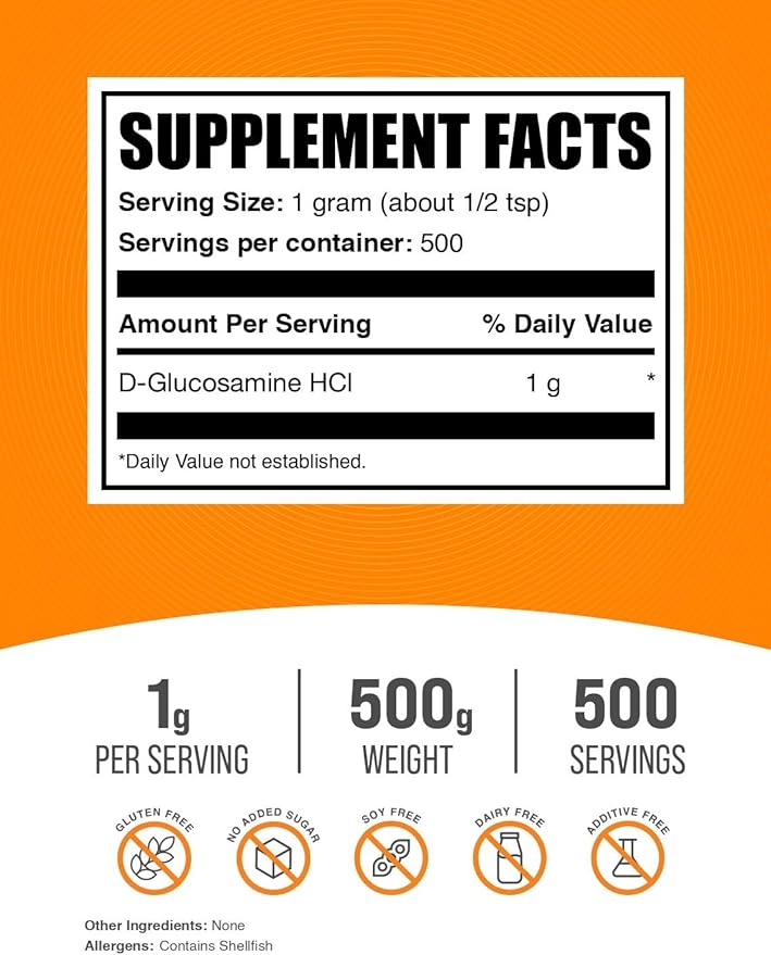 BulkSupplements.com Glucosamine HCl Powder - Glucosamine Supplement, Joint Support Supplement - Gluten Free, 1g per Serving, 500g (1.1 lbs) (Pack of 1)