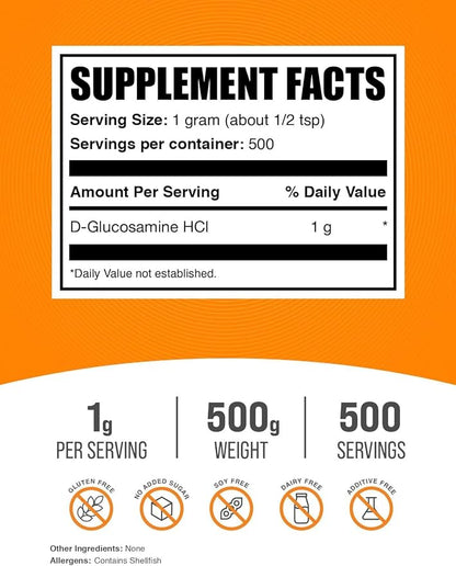 BulkSupplements.com Glucosamine HCl Powder - Glucosamine Supplement, Joint Support Supplement - Gluten Free, 1g per Serving, 500g (1.1 lbs) (Pack of 1)