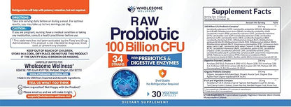 Wholesome Wellness Organic Raw Probiotics 100 Billion CFU, Dr Formulated for Women and Men, Complete Adult Supplement with Prebiotics and Digestive Enzymes; 30 Capsules, Shelf Stable
