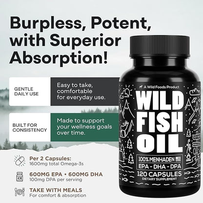 Wild Foods Omega 3 Fish Oil Supplement, 120 Capsules (1 pk) | Wild Caught, Burpless, Odorless, Non-GMO, Gluten Free | DPA, DHA, EPA Triple Strength Heart & Joint Nutrition for Women & Men