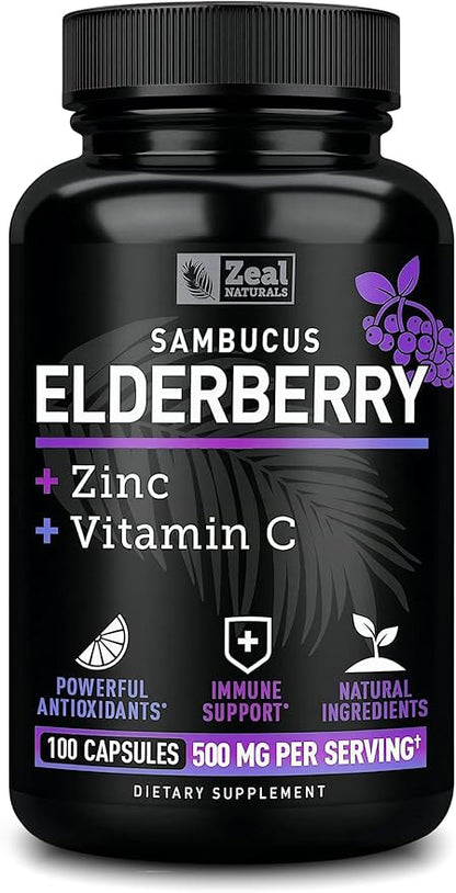 Zeal Naturals Max Strength Elderberry Capsules - 500mg, 100 Capsules | Sambucus Black Elderberry, Vitamin C, and Zinc | 3-in-1 Immune Support Supplement for Adults
