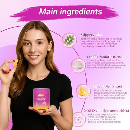Her Juicy Feminine Probiotics Gummies for Women with Slippery Elm, Prebiotics & Lactobacillus - for pH Balance & Digestive Health, Tropical Pineapple Flavor, 60 Count