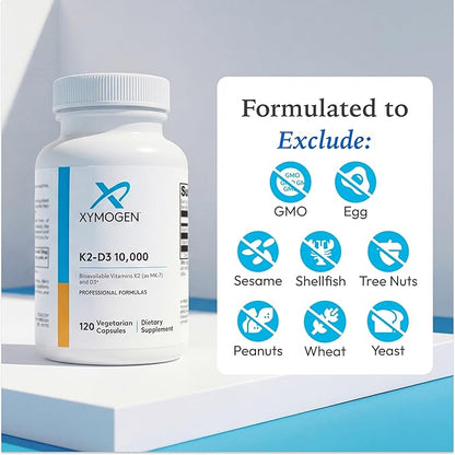 XYMOGEN K2-D3 10000 - Vitamin D3 K2 - Bioavailable Vitamin D 10,000 IU (Cholecalciferol) with MK-7 - Heart, Arterial, Bone Health + Immune Support Supplement (120 Capsules)