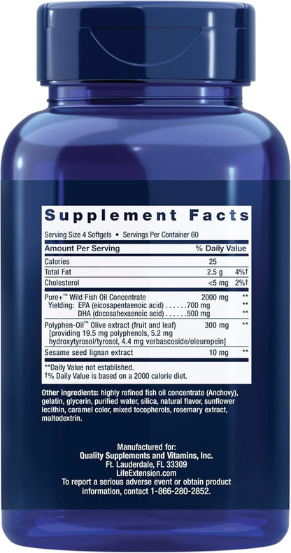 Life Extension Super Omega-3 EPA/DHA Fish Oil, Sesame Lignans & Olive Extract – Heart, Brain, Inflammation Health Support, Gluten-Free, Easy to Swallow, Non-GMO, 240 Softgels (Pack of 2)