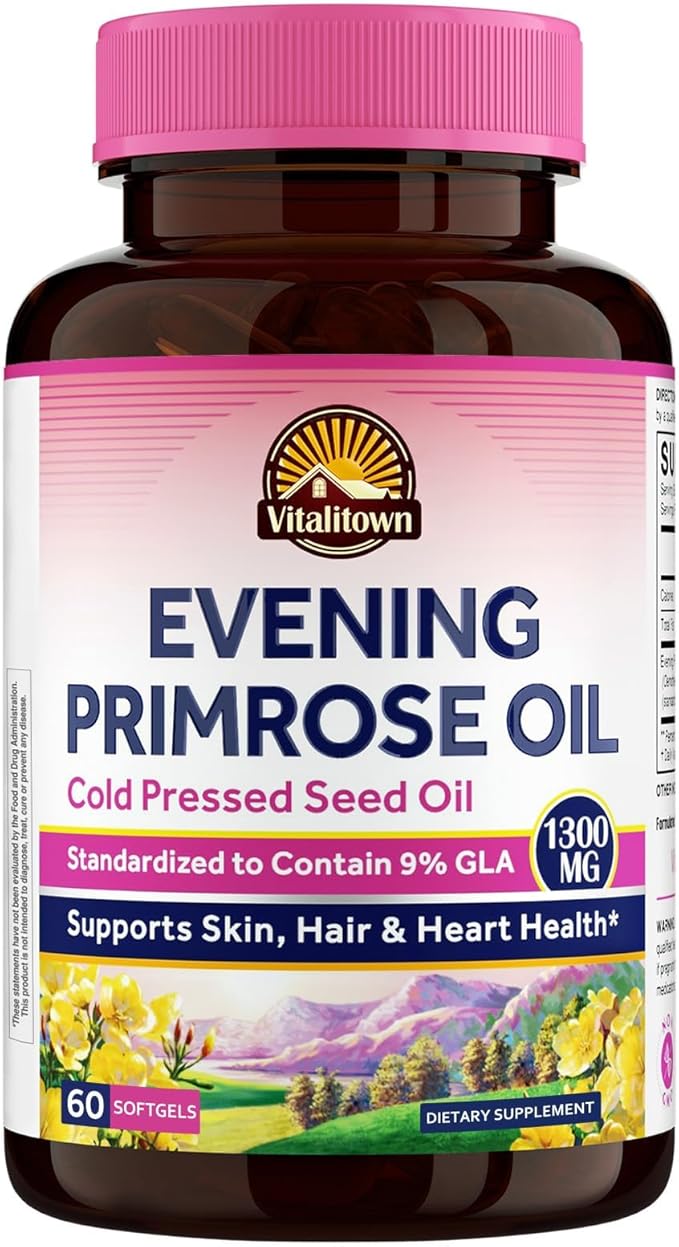Vitalitown Evening Primrose Oil 1300mg, Cold-Pressed Seed Oil, Standardized 9% GLA (Gamma-Linolenic Acid), Healthy Skin & Hormonal Balance for Women, Non GMO, 60 Softgels