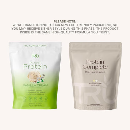 TRU Supplements Plant Based Protein Powder, BCAA, EAA, 20g Vegan Brown Rice & Pea Protein, 100 Calories, 27 Vitamins, No Artificial Flavors 25 Servings (Vanilla Cream)