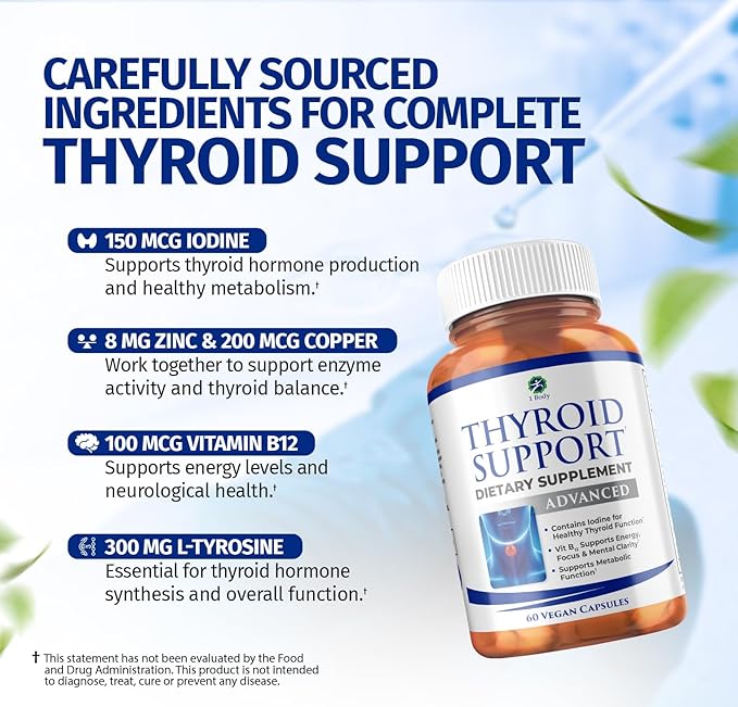 1 Body Thyroid Support Supplement, 90-Day Supply, 2 Pack with B12, Iodine, Zinc, Selenium, Ashwagandha, Non-GMO Vegetarian Formula (60 Count (Pack of 2))
