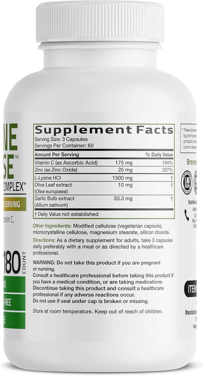 Bronson L-Lysine Defense Immune Support Complex 1500 MG L-Lysine Plus Olive Leaf, Garlic, Vitamin C and Zinc - Non-GMO, 180 Vegetarian Capsules