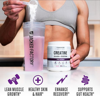 Jacked Factory Creatine for Women - Creatine Monohydrate with Collagen + Colostrum to Support Workout Performance, Lean Muscle Growth, Healthy Hair, Skin, & Nails - 30 Servings, Raspberry Lemonade