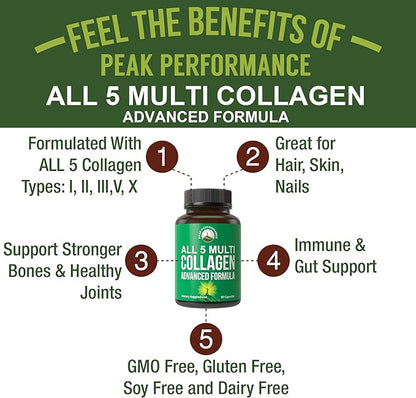 Peak Performance All 5 Multi-Collagen Capsules - 90 Pills of Grass Fed Peptides Protein - Supplement with All 5 Collagen Types I, II, III,V, X from Beef, Fish, Eggshell, and Chicken Bone Broth