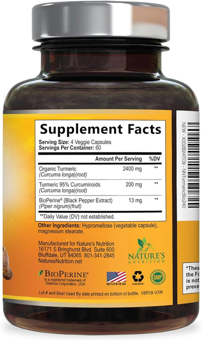 Turmeric Curcumin Supplement - 2400mg Organic Turmeric Per Serving - 95% Curcuminoids & BioPerine Black Pepper Extract for Best Absorption - Natural Vegan Joint Support, Bottled in USA - 240 Capsules