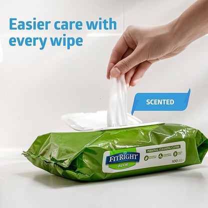 Medline FitRight Aloe Personal Cleansing Cloth Wipes, Scented, Pack of 48, 8 x 10 inch Adult Large Incontinence Wipes