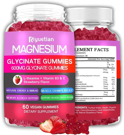 Magnesium Glycinate Gummies 600mg High Absorption - Premium Magnesium Supplement with L-Threonate, Vitamin D3, B6, Potassium for Calm Support - Sugar Free - Perfect for Adults - 60 Count