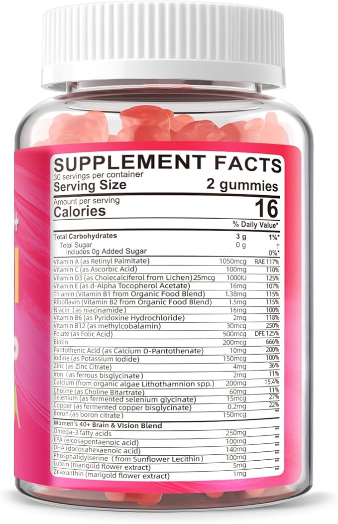 Multivitamin for Women Gummies for 40+ with Omega-3, Niacinamide, B-Complex, Lutein, Iron, Choline, Phosphatidylserine, Vitamin D3 - Vegan, Sugar Free, 60Count