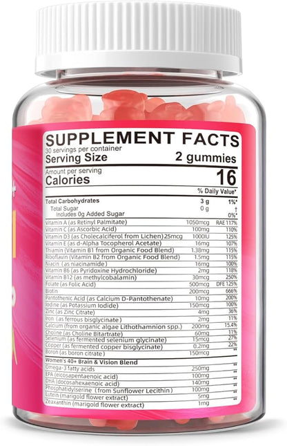 Multivitamin for Women Gummies for 40+ with Omega-3, Niacinamide, B-Complex, Lutein, Iron, Choline, Phosphatidylserine, Vitamin D3 - Vegan, Sugar Free, 60Count