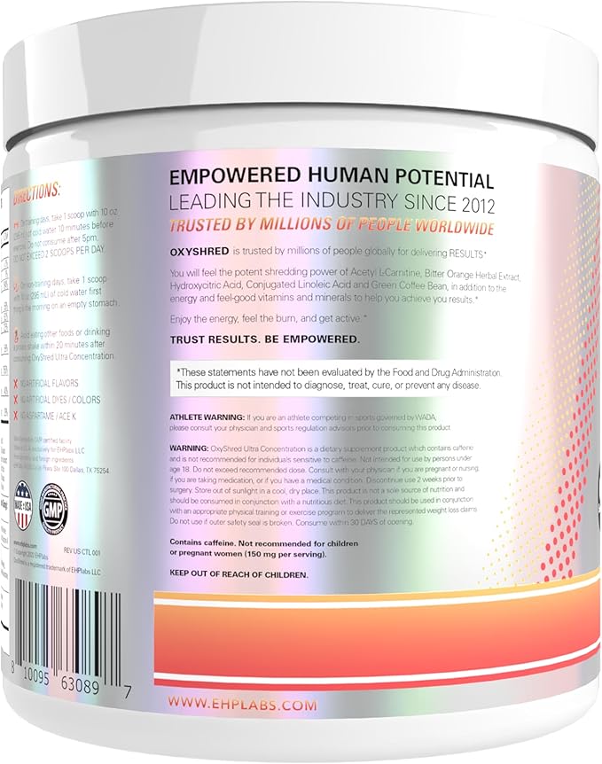 EHP Labs OxyShred Pre Workout Powder - Preworkout Powder with L Glutamine & Acetyl L Carnitine, Energy Boost Drink - Peach Candy Rings, 60 Servings