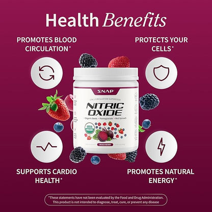Snap Supplements Organic Beet Root Powder Nitric Oxide Supplement for Men & Women, Red Spinach & Pomegranate, Supports Healthy Energy & Blood Pressure Already in Normal Range, 30 Servings, Mixed Berry