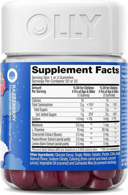 OLLY Kids Sleep Gummy, 0.5mg Melatonin, L Theanine, Chamomile, and Lemon Balm, Childrens Chewable Supplement, Raspberry - 50 Count