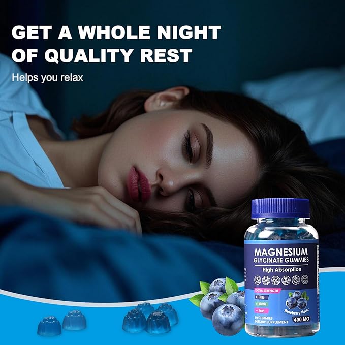 Blueberry Flavor Magnesium Glycinate Gummies 400mg – High Absorption Supplement for Adults and Kids, Sugar Free, Gelatin Free, Vegan Friendly, 60 Day Supply (60, Blueberry)