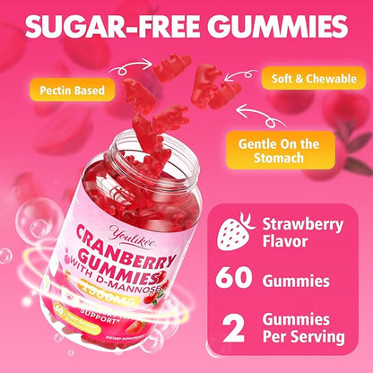 Vegan Cranberry Gummies with D Mannose - Supports Urinary Tract Health for Women & Men, Sugar-Free, Non-GMO and Gluten Free, Strawberry Flavor, 60 Count