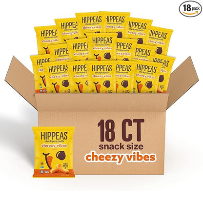 HIPPEAS Chickpea Puffs, Cheezy Vibes, Gluten Free Snacks, Dairy Free, Vegan, 0.8oz, Pack of 18, 3g Protein, 2g Fiber, Crunchy, Nutritious, Baked Plant Protein Snack, Non-GMO, Kosher