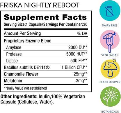 Friska Nightly Reboot - Nighttime Digestive Enzymes, Probiotic for Gut Balance & Bloating Support, with Melatonin & Chamomile to Promote Relaxation & Sleep, 30 Capsules