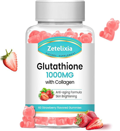 Glutathione Collagen Gummies, Collagen Gummies with Vitamin C, Glutathione Supplement for Women, Hair Skin Nails Muscle & Joint, Anti-Aging, Vegan, Sugar Free, Strawberry Flavor, 60 Count