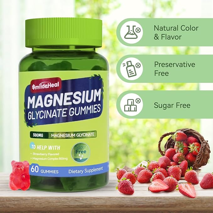 Magnesium Glycinate Gummies 500mg with L-Threonate 300mg - Sugar-Free Magnesium Potassium Supplement with Vitamin D, B6, CoQ10 - Strawberry Flavored - 120 Gummies