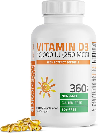 Bronson Vitamin D3 10,000 IU (250 mcg) High Potency - Supports Healthy Immune System, Strong Bones, Muscles & Teeth - Non GMO, 360 Softgels