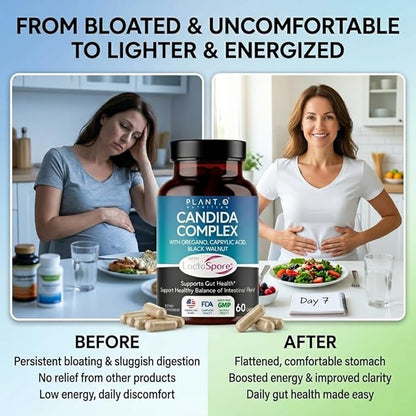 Candida Cleanse Supplement, Yeast Cleanse & Candida Support with Probiotics (LactoSpore®), Oregano Oil, Caprylic Acid, Black Walnut – Gut Health, Digestive Cleanse, Flora Balance – 60 Capsules