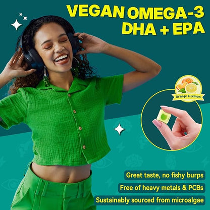 2 Pack Algae Omega 3 Gummies 1000mg, Plant Based DHA 460mg & EPA 230mg, Omega 3 Fish Oil Alternative for Adults, Plus MethylFolate, Vitamin B12, Phosphatidylserine, No Fishy Taste, Vegan, Sugar Free