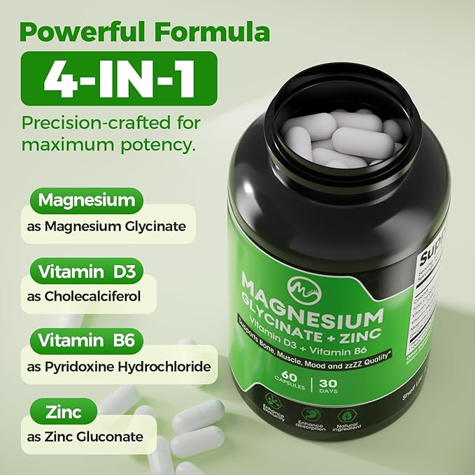 Magnesium Glycinate Capsules, Magnesium Glycinate Supplement with Zinc, Vitamin D3 & B6 - Promotes Nerve, Bowel, Relaxation Function - 60 Vegan Capsules