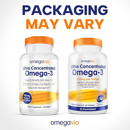 OmegaVia Ultra Concentrated Omega 3 Fish Oil Burpless, 60 Softgels, Triple Strength Omega 3 Fish Oil Supplements, 1135 mg Pure Omega3, No Fishy Burps, High EPA DHA DPA, IFOS 5-Star