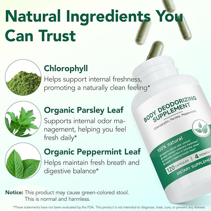 Chlorophyll Capsules Body Deodorizing Supplement for Daily Internal Freshness Support | Natural Botanical Blend for Routine Odor Balance, Gut Wellness, and Clean Inner Feeling | 120 Capsules
