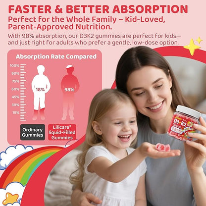 Vitamin D3 K2 + Calcium Liquid-filled Gummies for Kids & Teens, 1000IU / 2000IU D3 with Magnesium, Algal Omega 3, Kids Vitamins for Bones & Teeth, Calcium Absorption, Brain, Immune, Sugar-Free, 2Pack
