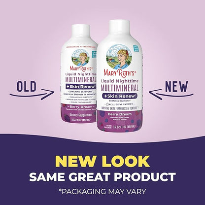 MaryRuth's Liquid Nighttime Liquid Multimineral + Skin Renew | Clinically Shown in Women to Reduce Fine Wrinkle & Improve Skin Firmness | Sepitone | NO Melatonin | Magnesium | Vegan | 15 Servings