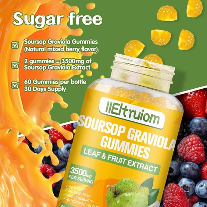 Soursop Gummies for Adults, Organic Soursop Leaves and Fruit Extract with Vitamin C, Zinc, 3500mg Soursop Graviola for Immunity, Digestive Aid & Antioxidant Boost, Sugar/Gluten Free(30 Servings)