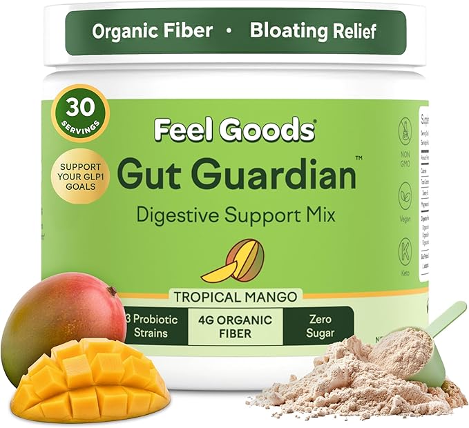 Feel Goods Gut Guardian, Gut Health Powder Drink Mix - Probiotic Fiber Powder with Prebiotics & L Glutamine for Digestive Health, Bloating Relief & Digestion Support - Zero Sugar & Organic Flavor
