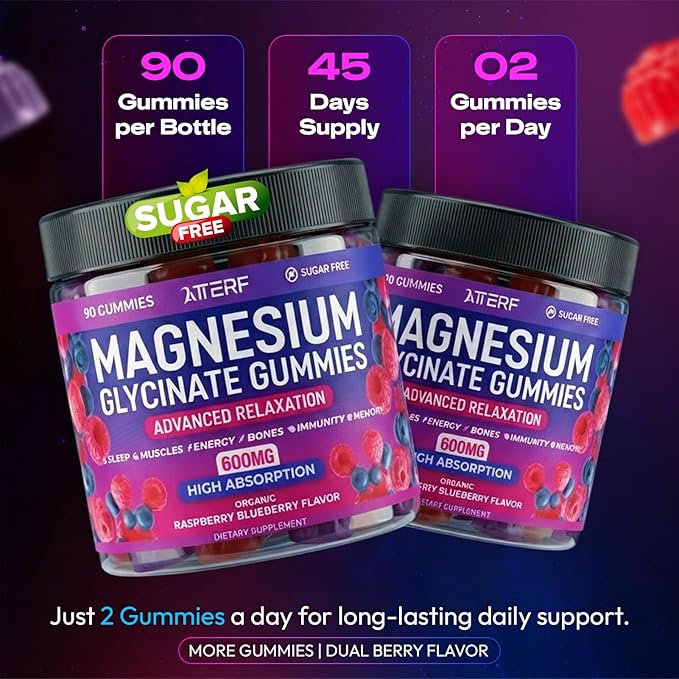 Magnesium Glycinate Gummies 600mg, [2-in-1 Dual Flavor Mix] - Sugar-Free, High Absorption Magnesium Supplement for Adults, Muscle Support and Relaxation, Vegan & Non-GMO