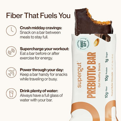 Supergut GLP-1 Boosting Prebiotic Bars, Peanut Butter Chocolate - Gut Healthy Protein Snacks & Breakfast Bars - Keto-Friendly Meal Replacement Energy Bars for Gut Health (12 Count)