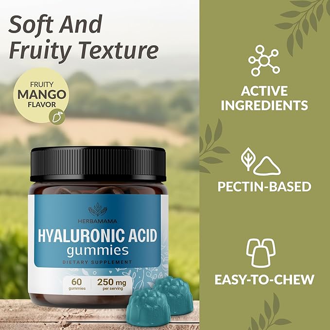 HERBAMAMA Hyaluronic Acid Gummies - 250mg Pure Hyaluronic Acid for Hair, Skin & Nails Support - Vegan, Non-GMO Skin Elasticity Supplement - 60 Pectin-Based Mango-Flavored Chews
