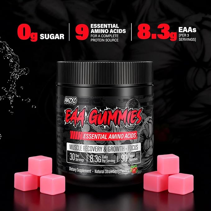 EAA Gummies - 2:1:1 BCAA Formula (8300mg) - Essential Amino Acids for Muscle Recovery & Endurance - Non-GMO, Gluten Free, Sugar Free, Vegetarian, Strawberry Flavor - 90 Count