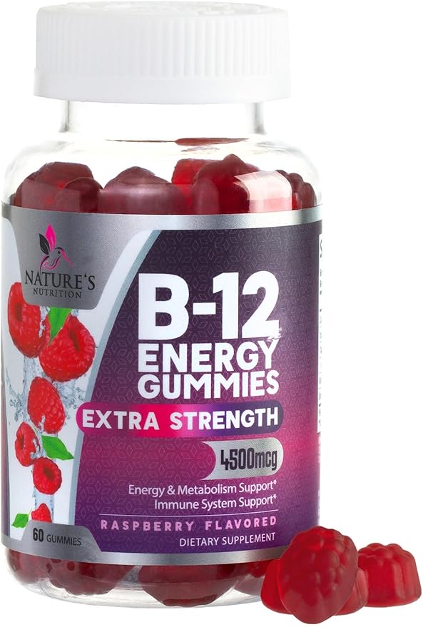 B12 Energy Gummies - 4500 mcg Vitamin B12 Per Serving - Extra Strength Chewable B12 Supplement for Energy, Metabolism & Immune Support - For Women, Men & Kids - Natural & Berry Flavored - 60 Gummies