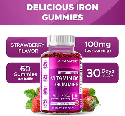 Vitamatic Vitamin B6 100mg - Berry Flavor - 60 Pectin Based Gummies - Supports Nervous System