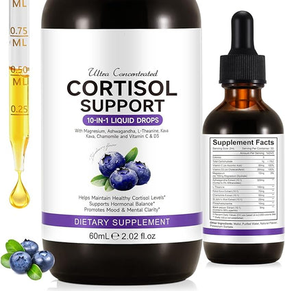 Cortisol Supplements for Women & Men, 10 in 1 Hormone Balance for Women Men with Ashwagandha, L-theanine, Hormone Balance Liquid Drops, Hormone Balanced for Women, Recess Mood Focus, Blueberry Flavor