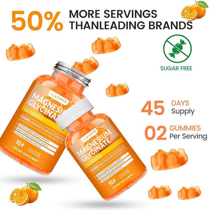 Magnesium Glycinate Gummies 1000mg, High Absorption Sugar Free Magnesium Potassium Supplement for Relaxation, Stress Relief, and Sleep Support for Adults & Kids - 90 Orange Gummies