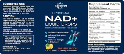 Liposomal NAD Supplement - 1200mg NAD+ Liquid Drops for Women & Men, Nicotinamide Riboside with Resveratrol, PQQ, CoQ10, Quercetin for Anti-Aging, Brain & Cellular Mitochondrial, Pineapple 2 Fl Oz